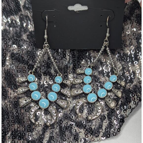 Turquoise Squash Blossom Silver Tone Dangle Earrings - Picture 3 of 4